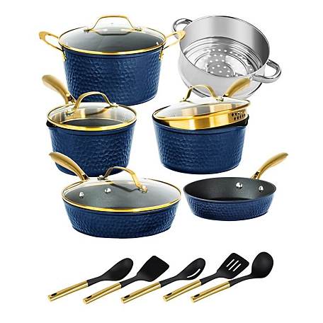 Granitestone Charleston Collection Hammered 15-Piece Cookware Set in Navy and Gold