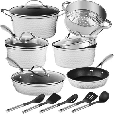 Granitestone Charleston Collection Hammered 15-Piece Cookware Set in White