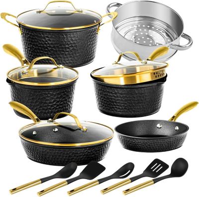 Granitestone Charleston Collection Hammered 15-Piece Cookware Set in Black and Gold