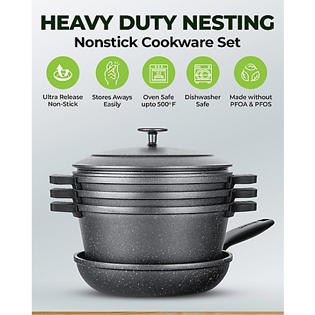 Granitestone 6-Piece Cast Aluminum Heavy Duty Nesting Nonstick Cookware Set, Black