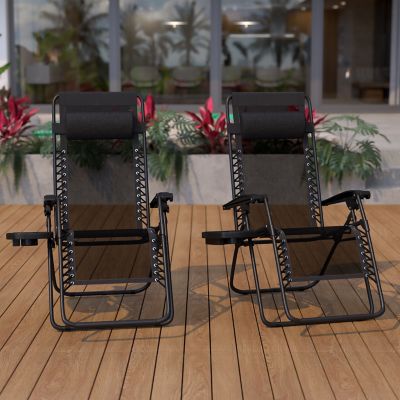 Flash Furniture Adjustable Folding Mesh Zero Gravity Reclining Lounge Chairs with Pillow and Cup Holder Tray Black, 2-Pack