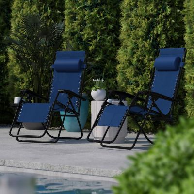 Flash Furniture Adjustable Folding Mesh Zero Gravity Reclining Lounge Chairs with Pillow and Cup Holder Tray, Navy, 2-Pack