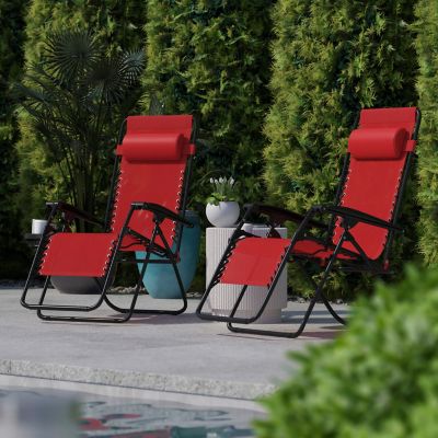 Flash Furniture Adjustable Folding Mesh Zero Gravity Reclining Lounge Chairs with Pillow and Cup Holder Tray, Red, 2-Pack