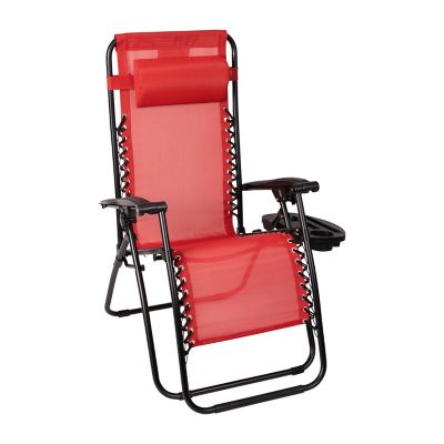 Image showing  Adjustable Folding Mesh Zero Gravity Reclining Lounge Chairs with Pillow and Cup Holder Tray, Red, 2-Pack