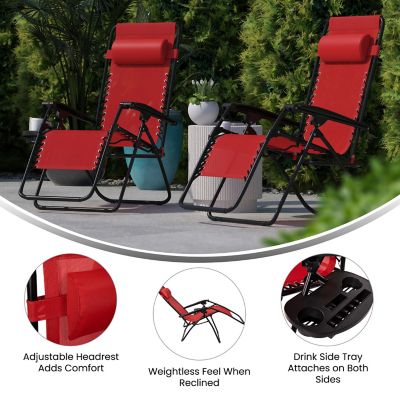 Image showing  Adjustable Folding Mesh Zero Gravity Reclining Lounge Chairs with Pillow and Cup Holder Tray, Red, 2-Pack