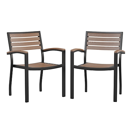 Flash Furniture Set of 2 Stackable All-Weather Aluminum Patio Chairs with Faux Teak Slats