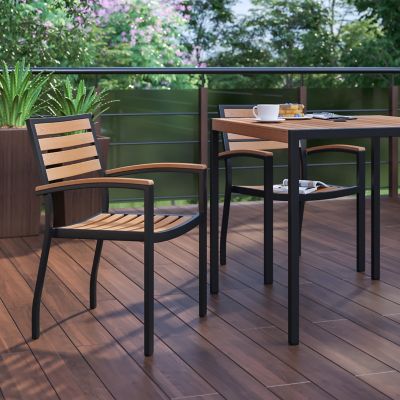 Image showing 2 th Flash Furniture Set of 2 Stackable All-Weather Aluminum Patio Chairs with Faux Teak Slats
