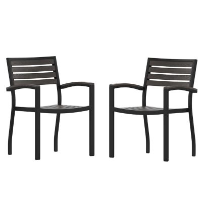 Flash Furniture Set of 2 Stackable All-Weather Aluminum Patio Chairs with Faux Teak Slats