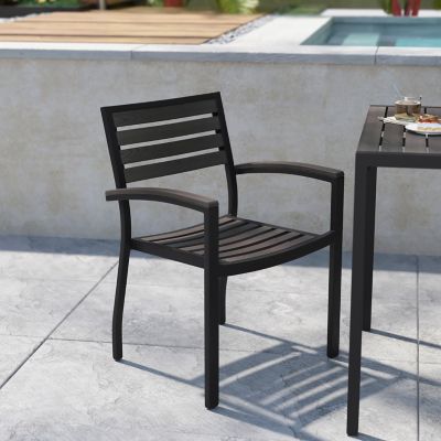 Image showing  Set of 2 Stackable All-Weather Aluminum Patio Chairs with Faux Teak Slats