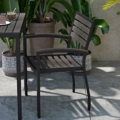 Image showing  Set of 2 Stackable All-Weather Aluminum Patio Chairs with Faux Teak Slats