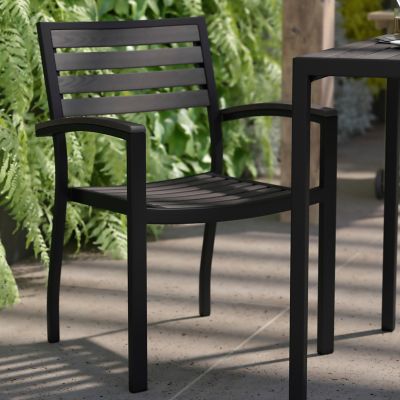 Image showing  Set of 2 Stackable All-Weather Aluminum Patio Chairs with Faux Teak Slats
