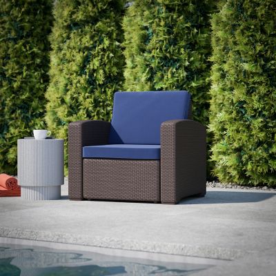 Flash Furniture Seneca Faux Rattan Chair with All-Weather Cushion, Chocolate/Navy