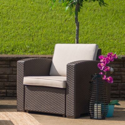 Flash Furniture Seneca Faux Rattan Patio Chair with All-Weather Cushion, Chocolate