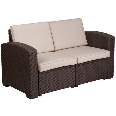 Image showing  55.5 2-Seater Seneca Faux Rattan Patio Loveseat with All-Weather Cushions, Chocolate