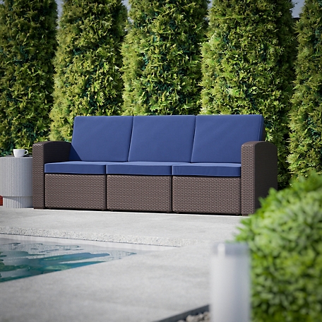 Flash Furniture Seneca Faux Rattan Sofa with All-Weather Cushions, DAD-SF1-3-BNNV-GG