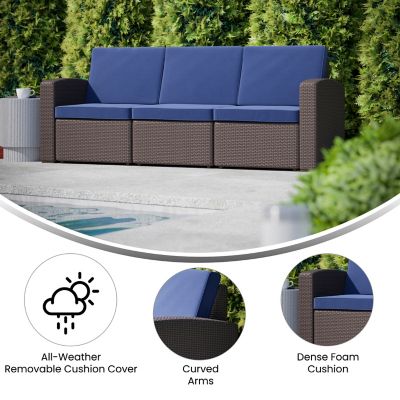 Image showing 2 th Flash Furniture Seneca Faux Rattan Sofa with All-Weather Cushions, DAD-SF1-3-BNNV-GG