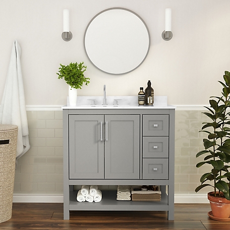 Flash Furniture Bathroom Vanity with Sink, Open Storage, and Storage Drawers