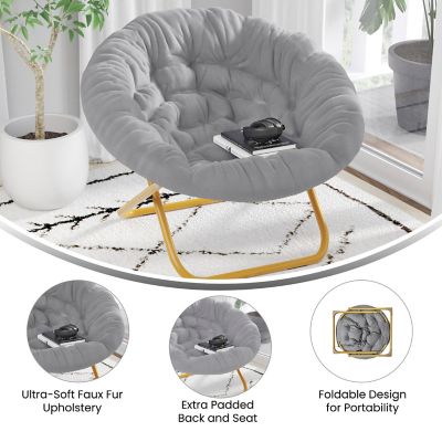 Image showing  Gwen 38 in. Oversize Portable Faux Fur Folding Saucer Moon Chair for Dorm and Bedroom