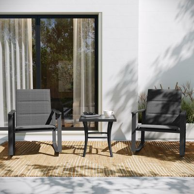Flash Furniture Brazos 3 pc. Outdoor Rocking Chair Bistro Set with Flex Comfort Material and Metal Framed Glass Top Table