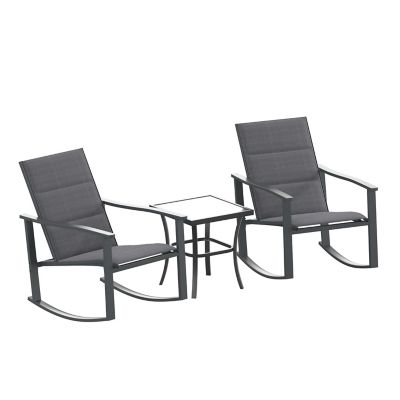 Image showing  Brazos 3 pc. Outdoor Rocking Chair Bistro Set with Flex Comfort Material and Metal Framed Glass Top Table