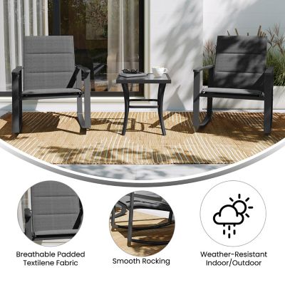 Image showing  Brazos 3 pc. Outdoor Rocking Chair Bistro Set with Flex Comfort Material and Metal Framed Glass Top Table