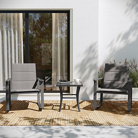 Flash Furniture Brazos 3 pc. Outdoor Rocking Chair Bistro Set with Flex Comfort Material and Metal Framed Glass Top Table