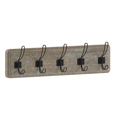 Image showing 1 th Flash Furniture Daly Wall Mounted Solid Pine Wood Storage Rack with 5 Hanging Hooks For Entryway, Kitchen, Bathroom