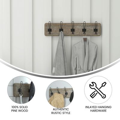 Image showing 2 th Flash Furniture Daly Wall Mounted Solid Pine Wood Storage Rack with 5 Hanging Hooks For Entryway, Kitchen, Bathroom