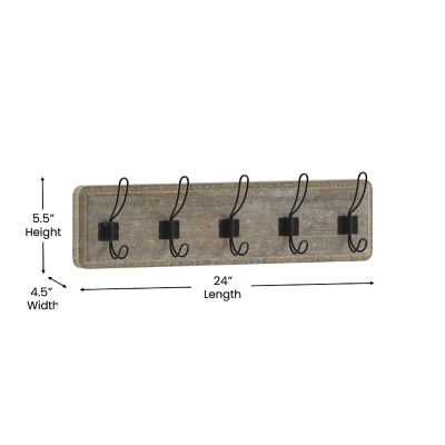 Image showing 3 th Flash Furniture Daly Wall Mounted Solid Pine Wood Storage Rack with 5 Hanging Hooks For Entryway, Kitchen, Bathroom