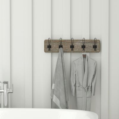 Image showing 4 th Flash Furniture Daly Wall Mounted Solid Pine Wood Storage Rack with 5 Hanging Hooks For Entryway, Kitchen, Bathroom
