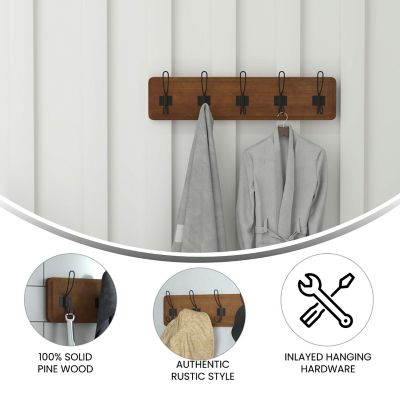 Image showing  Daly Wall Mounted Solid Pine Wood Storage Rack with 5 Hanging Hooks For Entryway, Kitchen, Bathroom