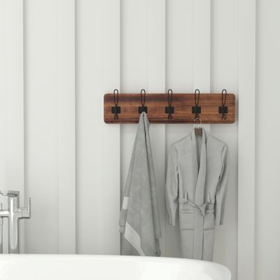Image showing  Daly Wall Mounted Solid Pine Wood Storage Rack with 5 Hanging Hooks For Entryway, Kitchen, Bathroom