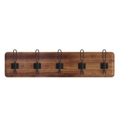 Image showing 9 th Flash Furniture Daly Wall Mounted Solid Pine Wood Storage Rack with 5 Hanging Hooks For Entryway, Kitchen, Bathroom