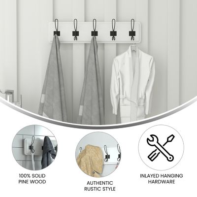 Image showing  Daly Wall Mounted Solid Pine Wood Storage Rack with 5 Hanging Hooks For Entryway, Kitchen, Bathroom