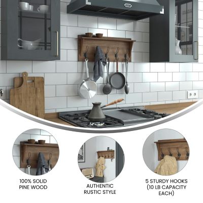 Image showing 1 th Flash Furniture Wall Mounted Storage Rack with Upper Shelf and Storage Hooks