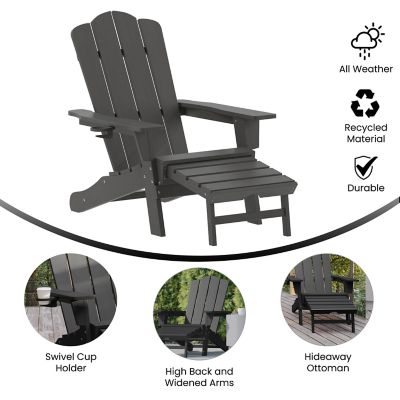 Image showing  Newport HDPE Adirondack Chair with Cup Holder and Pull Out Ottoman, All-Weather HDPE Indoor/Outdoor Lounge Chair