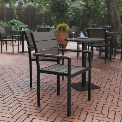 Flash Furniture Finch Commercial Grade Patio Chair with Arms, Stackable Side Chair with Faux Teak Poly Slats and Metal Frame