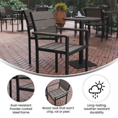 Image showing  Finch Commercial Grade Patio Chair with Arms, Stackable Side Chair with Faux Teak Poly Slats and Metal Frame
