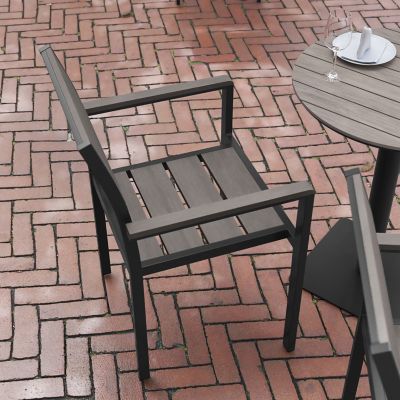 Image showing  Finch Commercial Grade Patio Chair with Arms, Stackable Side Chair with Faux Teak Poly Slats and Metal Frame
