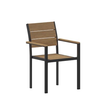 Image showing  Finch Commercial Grade Patio Chair with Arms, Stackable Side Chair with Faux Teak Poly Slats and Metal Frame