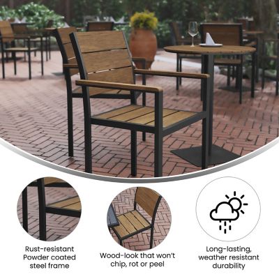 Image showing  Finch Commercial Grade Patio Chair with Arms, Stackable Side Chair with Faux Teak Poly Slats and Metal Frame