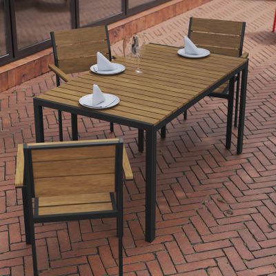 Image showing 5 th Flash Furniture Finch Commercial Grade Outdoor Dining Table 55 in. x 31 in. with Faux Teak Poly Slats and Metal Frame