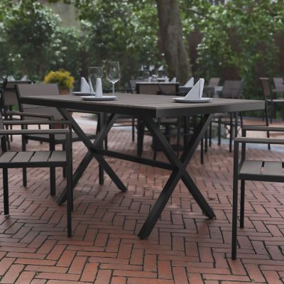 Flash Furniture 59 in. x 35.5 in. Outdoor Finch Commercial Grade X-Frame Rectangular Dining Table, Faux Teak Poly Slats