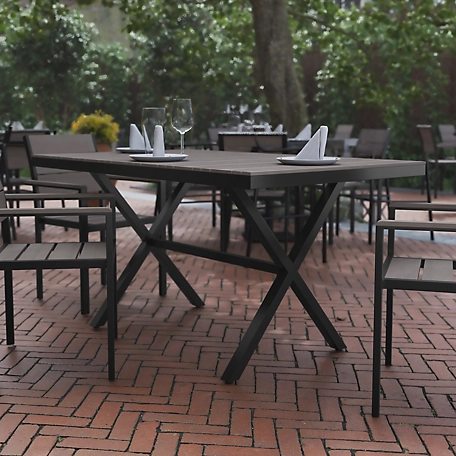 Flash Furniture Finch Commercial Grade X-Frame Outdoor Dining Table 59 in. x 35.5 in. with Faux Teak Poly Slats and Metal Frame