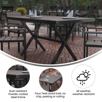 Image showing  59 in. x 35.5 in. Outdoor Finch Commercial Grade X-Frame Rectangular Dining Table, Faux Teak Poly Slats