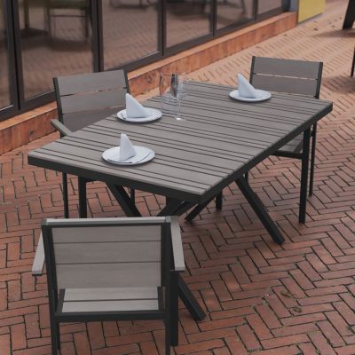 Image showing  59 in. x 35.5 in. Outdoor Finch Commercial Grade X-Frame Rectangular Dining Table, Faux Teak Poly Slats