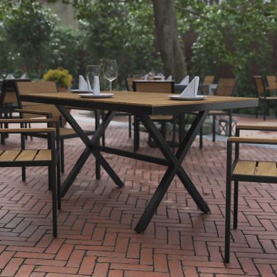 Flash Furniture 59 in. x 35.5 in. Outdoor Finch Commercial Grade X-Frame Rectangular Dining Table, Faux Teak Poly Slats