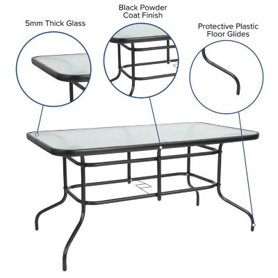 Flash Furniture Tory 31.5 in. x 55 in. Rectangular Tempered Glass Metal Table with Umbrella Hole