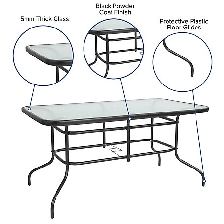 Flash Furniture Tory 31.5 in. x 55 in. Rectangular Tempered Glass Metal Table with Umbrella Hole