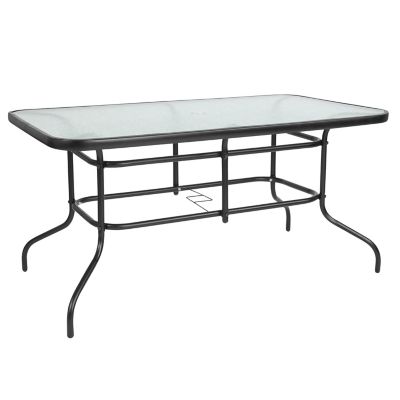 Image showing  Tory 31.5 in. x 55 in. Rectangular Tempered Glass Metal Table with Umbrella Hole